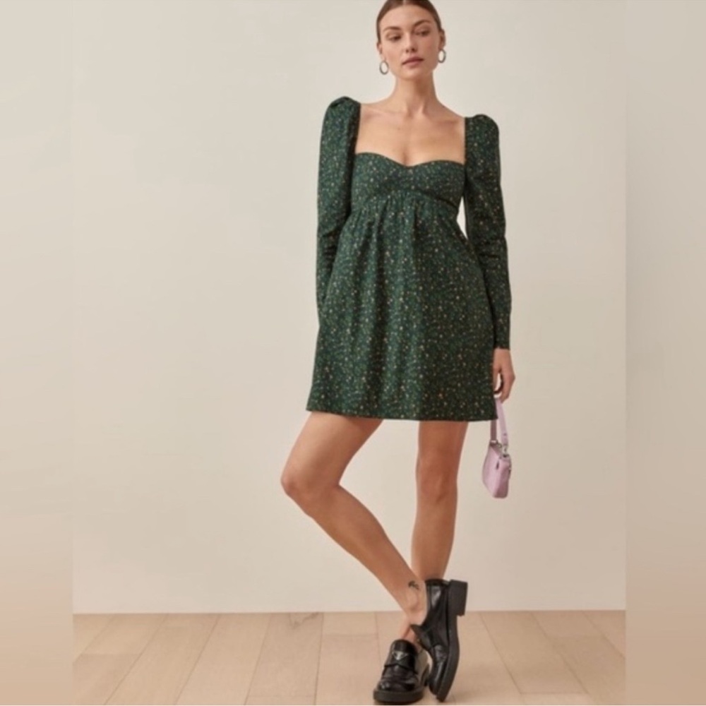Reformation Dark Green Floral Kenzi Dress
